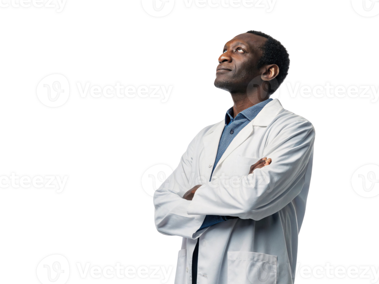thoughtful scientist in lab coat reflects on biotechnology advancements, showcasing innovation and dedication png
