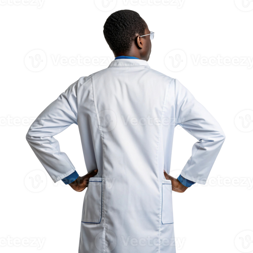 confident scientist in lab coat stands with hands on hips, showcasing sense of determination and focus in field of biotechnology png