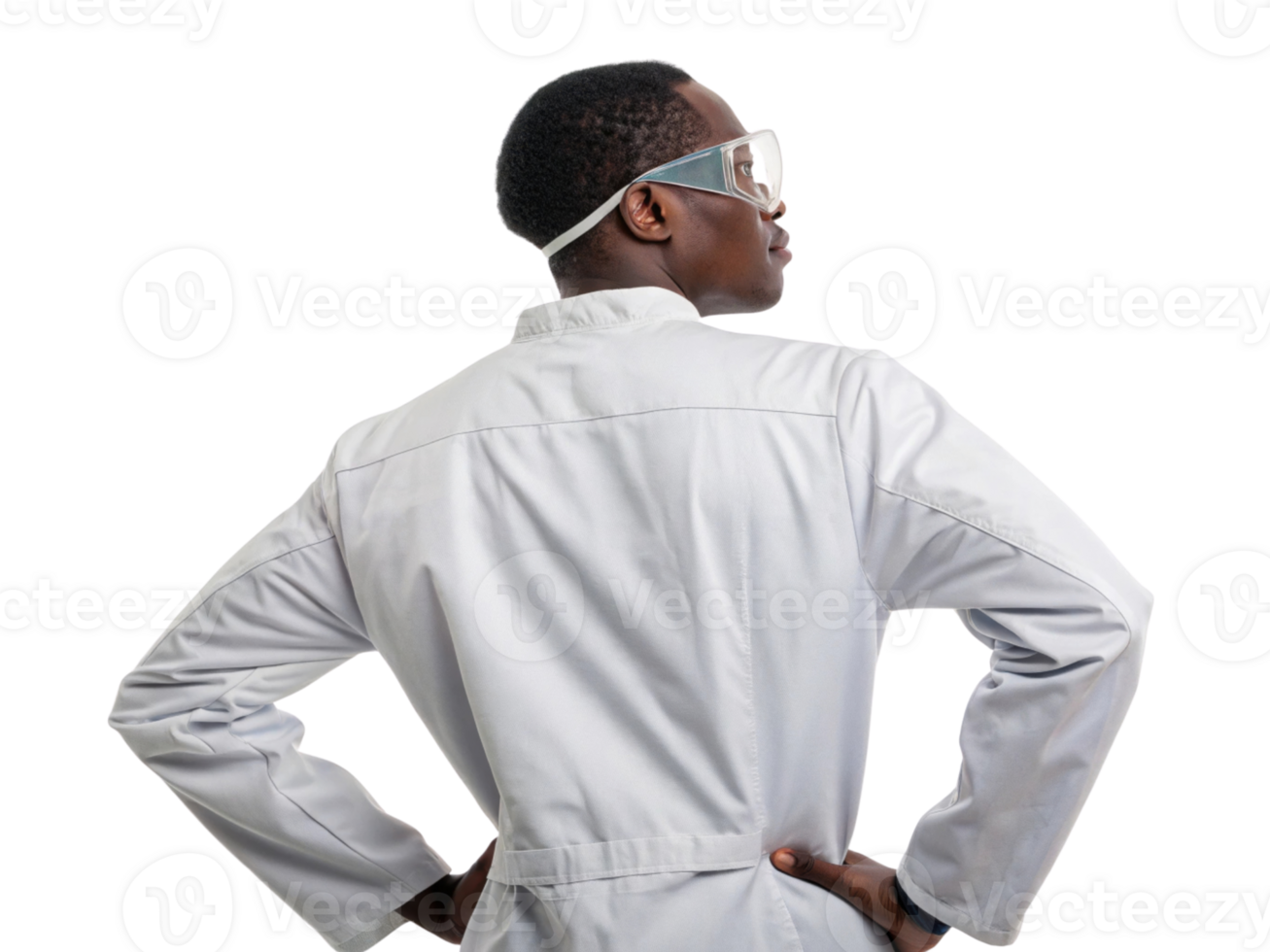 confident scientist in lab coat, showcasing biotechnology research with protective eyewear, embodies innovation and discovery png
