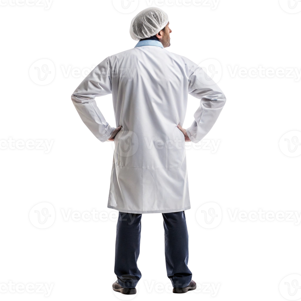 professional lab coat stands confidently, showcasing commitment to biotechnology and scientific research. individual is prepared for work png