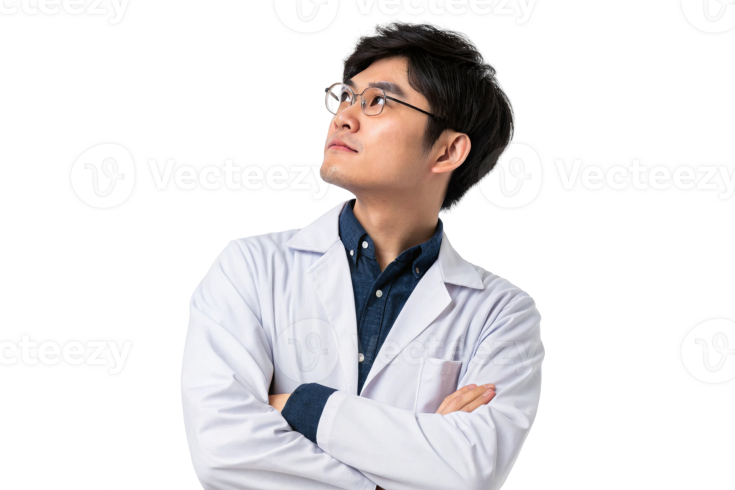 A thoughtful scientist in lab coat, contemplating advancements in biotechnology and research. His expression reflects curiosity and determination png