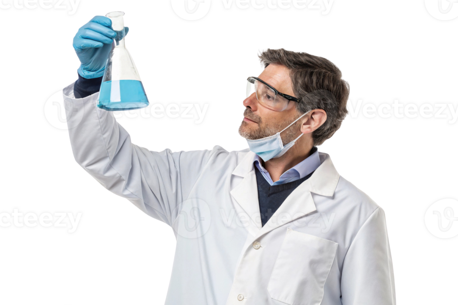 scientist lab coat examines blue liquid flask, showcasing biotechnology and research. His focused expression reflects curiosity and innovation png