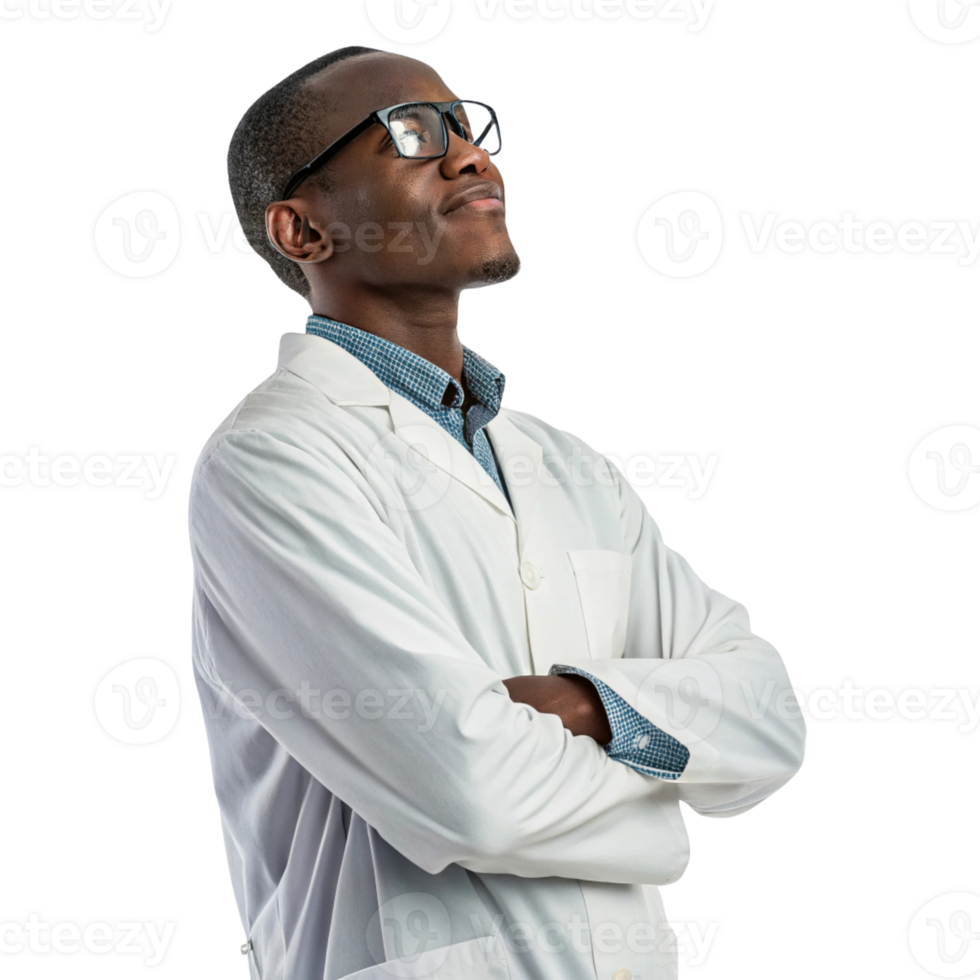 confident scientist in lab coat, showcasing sense of pride and innovation in biotechnology png