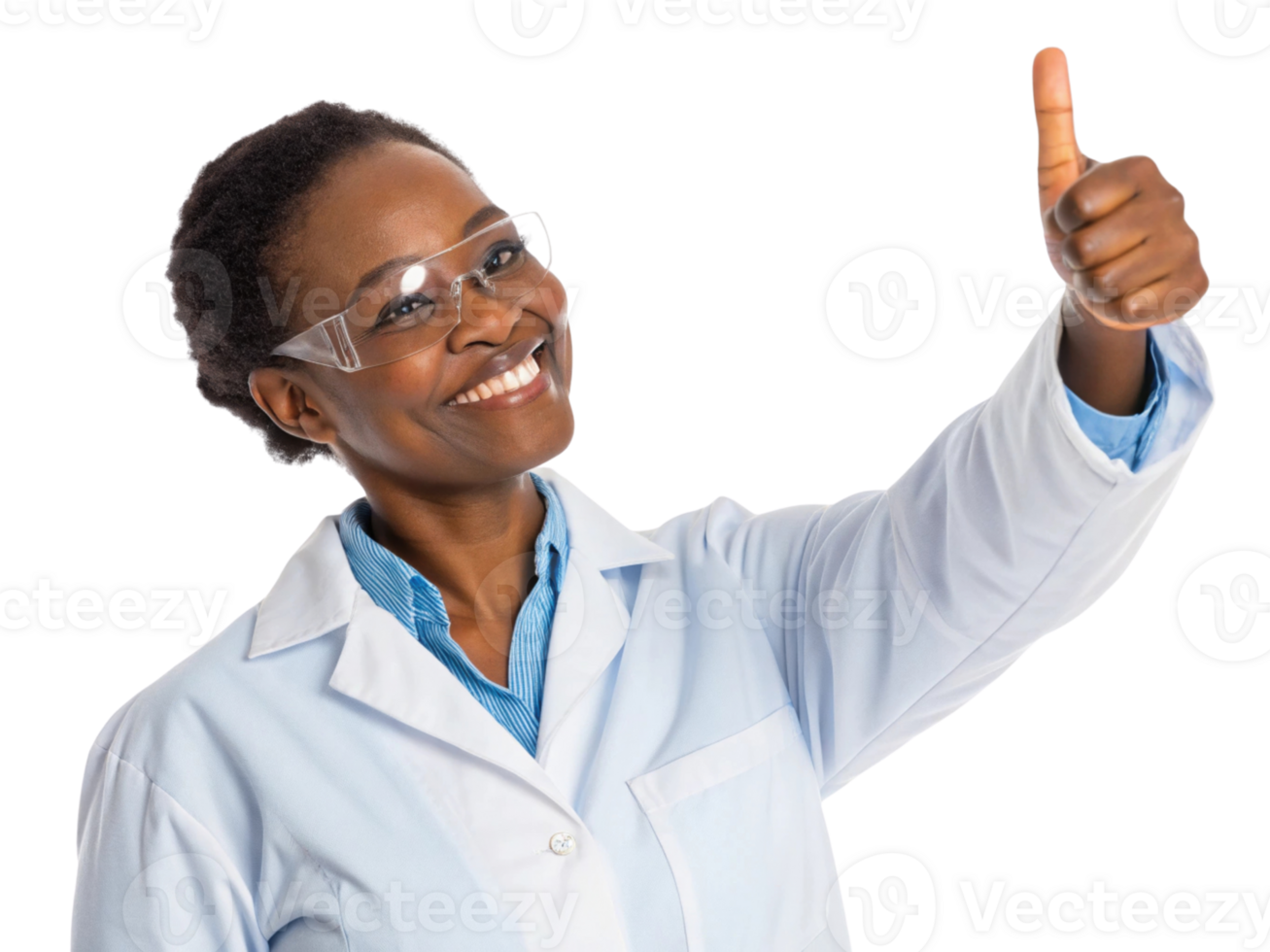descriptionA smiling scientist in lab coat giving thumbs up, showcasing enthusiasm for biotechnology and research png
