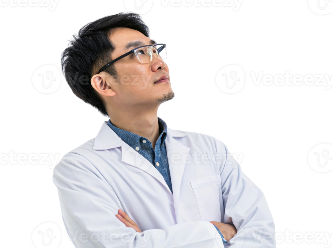 thoughtful scientist in lab coat contemplates advancements in biotechnology, showcasing curiosity and innovation in research png