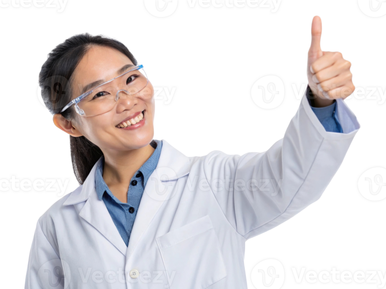 smiling female scientist in lab coat gives thumbs up, showcasing enthusiasm for biotechnology and research png