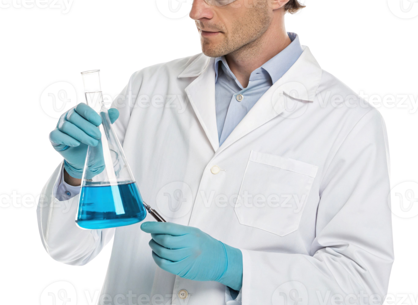 Scientist in lab coat examining blue liquid in flask, showcasing biotechnology and research innovation with focused expression png