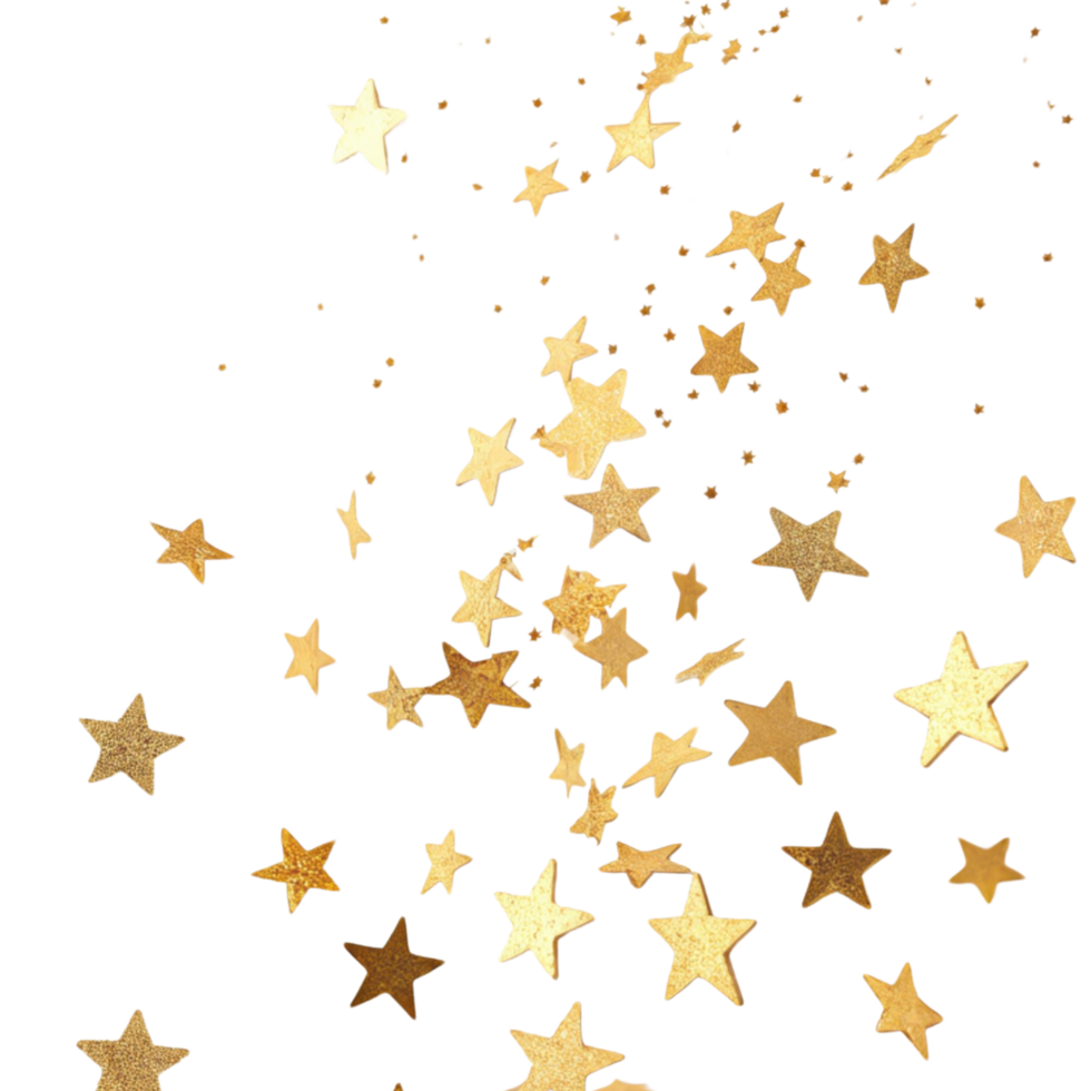 Golden confetti stars create magical atmosphere for any celebration, adding sparkle and joy to festive moments png