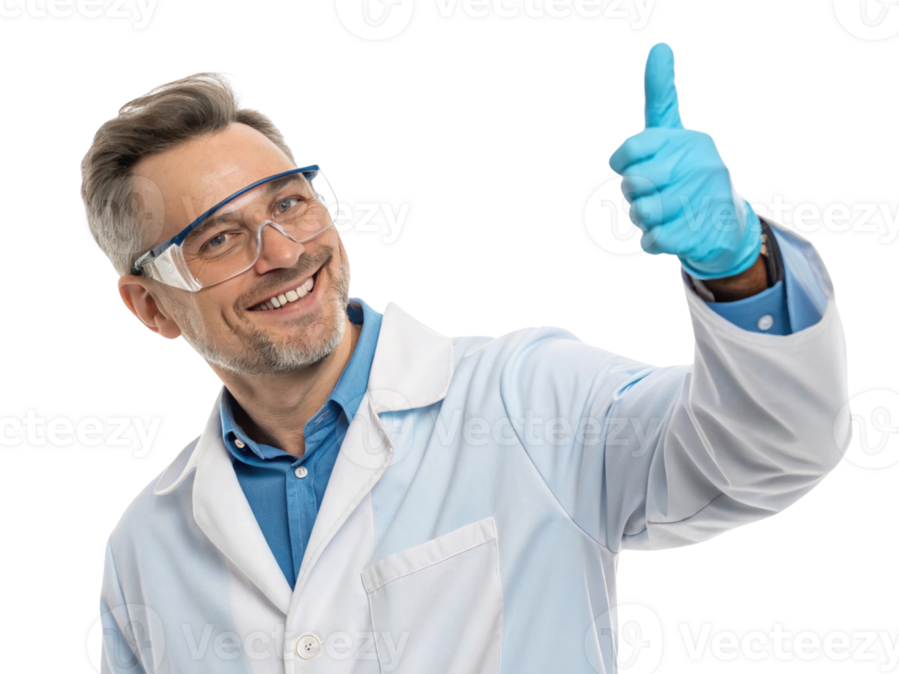 smiling scientist in lab coat, wearing protective goggles and gloves, gives thumbs up, showcasing enthusiasm for biotechnology png
