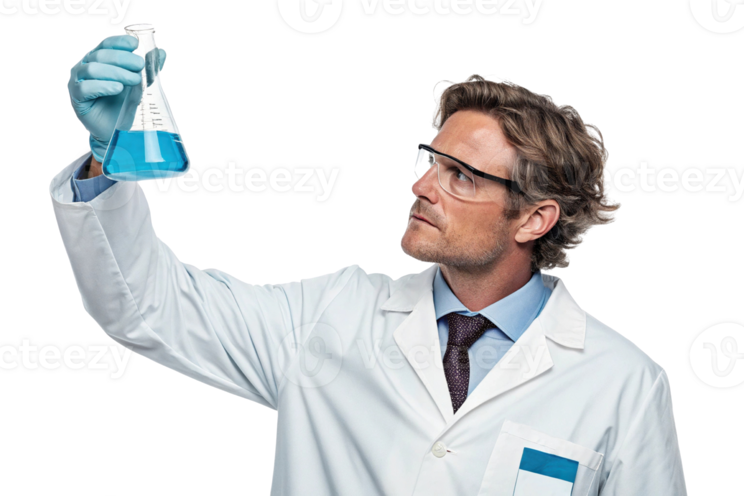 scientist examines blue liquid in laboratory flask, showcasing biotechnology research and innovation png