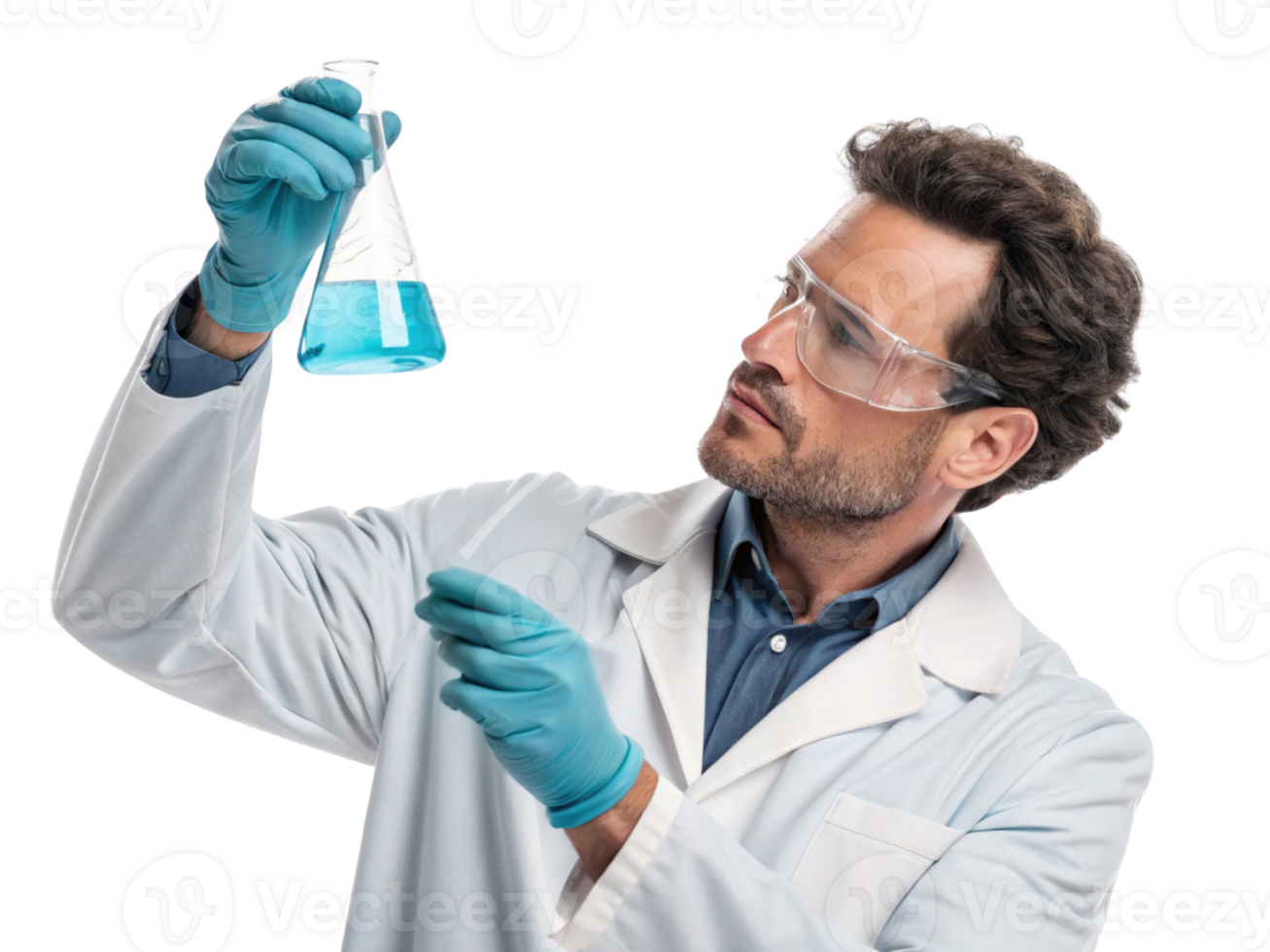 scientist in lab coat examines blue liquid in flask, showcasing biotechnology research and experimentation png