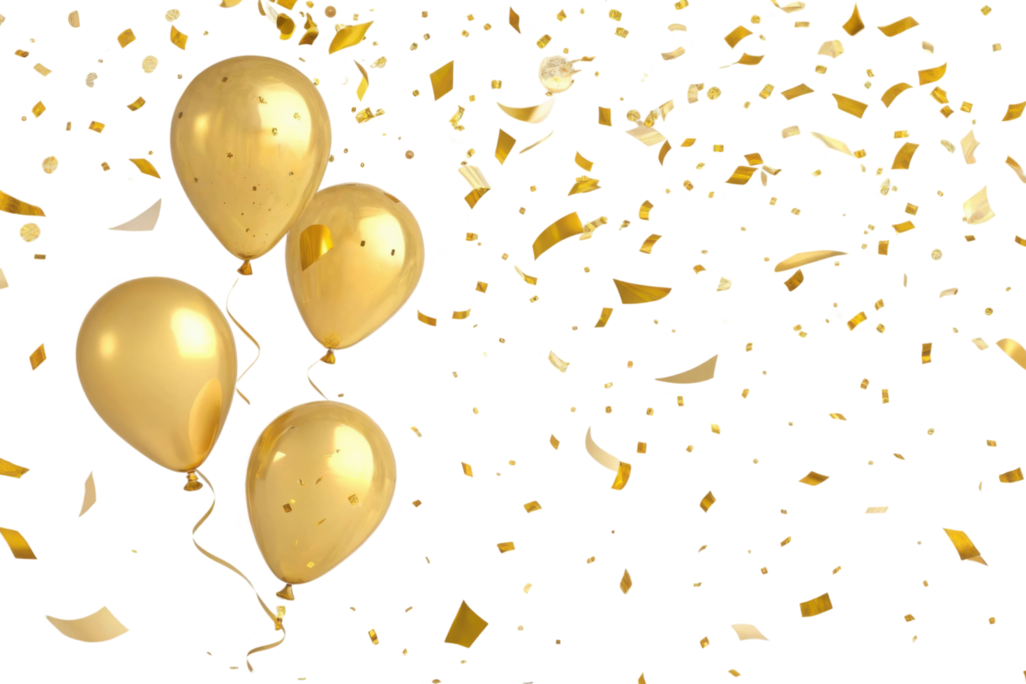 Golden balloons float amidst shower of confetti creating vibrant celebration atmosphere filled with joy and excitement png