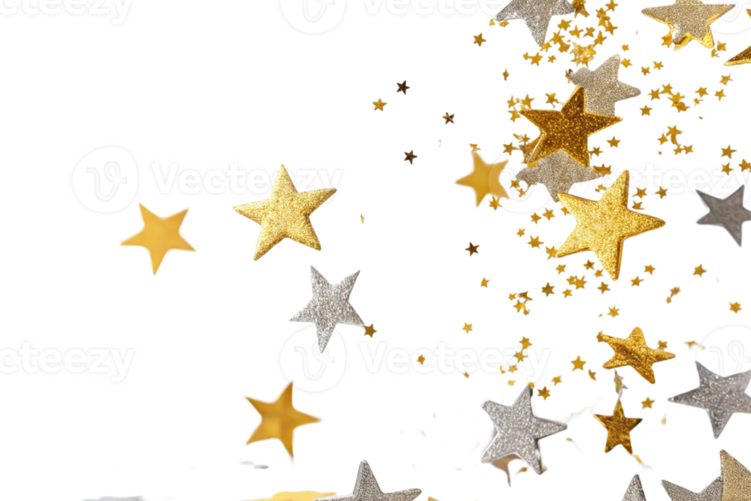 Shimmering confetti stars in gold and silver create festive atmosphere perfect for any celebration png