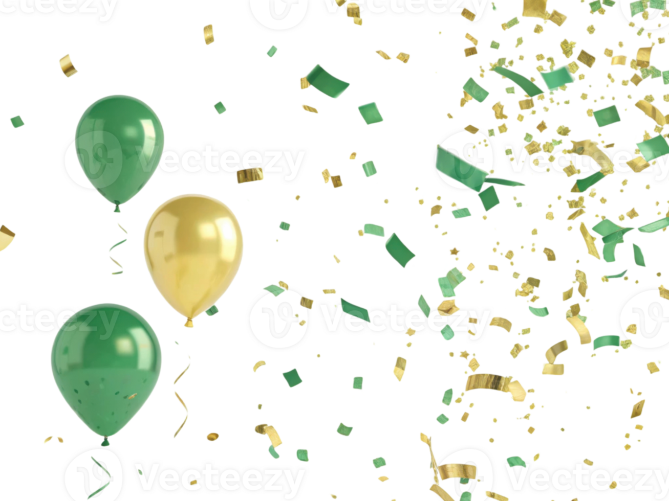 Colorful confetti fills air as green and gold balloons float, creating vibrant celebration atmosphere full of joy and excitement png