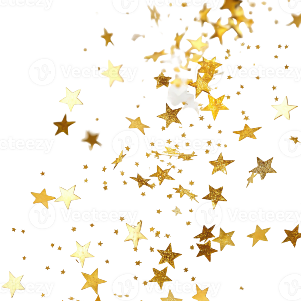 Golden confetti stars fall gracefully, creating magical atmosphere of celebration and joy png