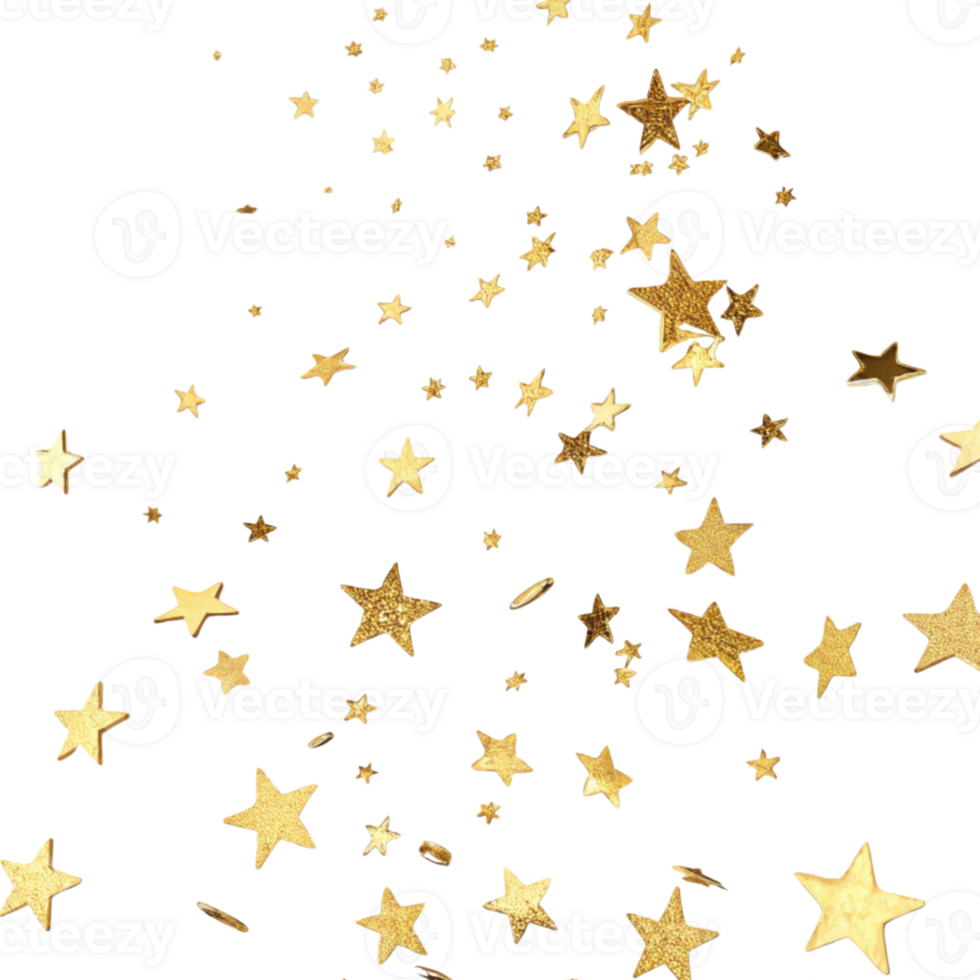 Golden confetti stars create magical atmosphere for any celebration, adding sparkle and joy to festivities png