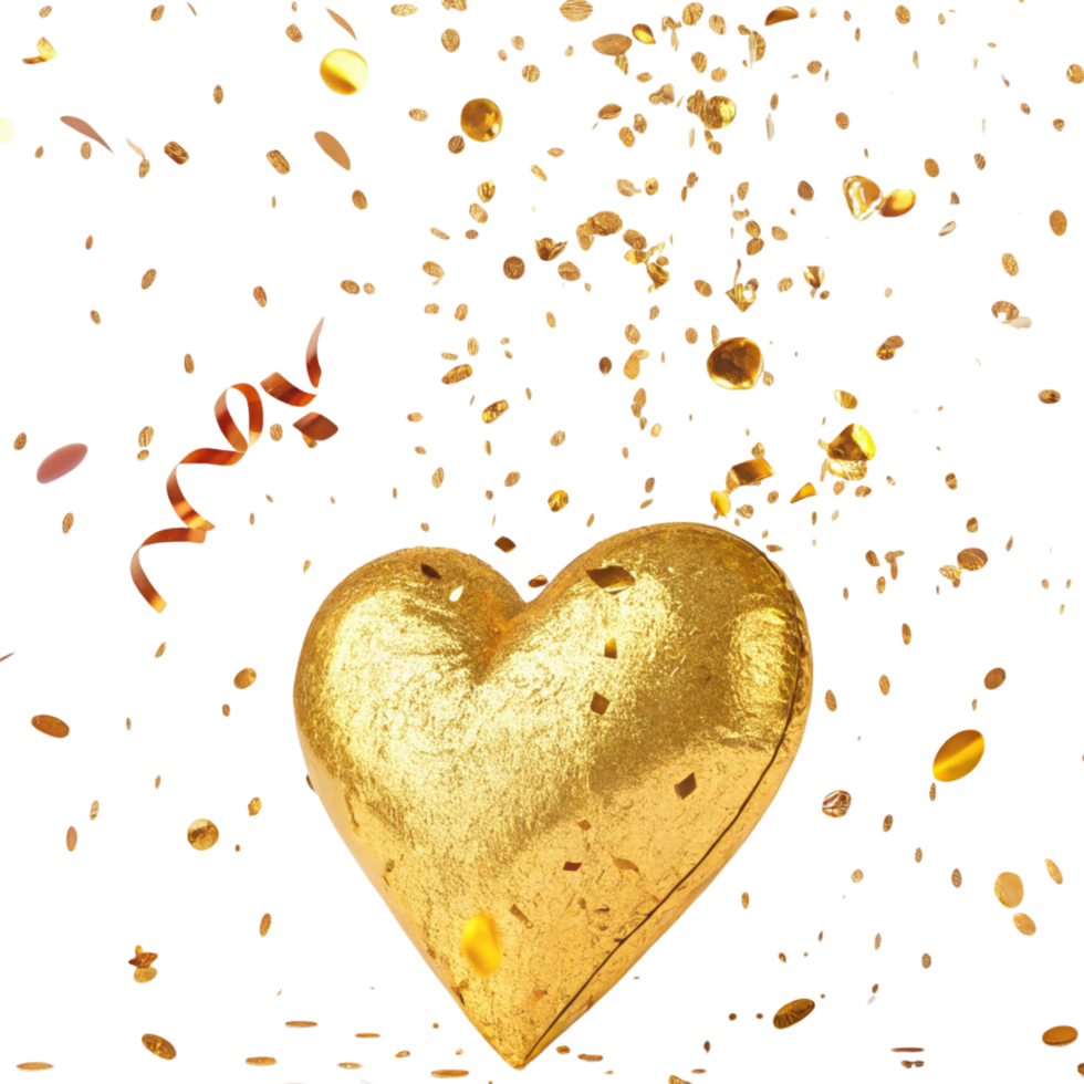 golden heart surrounded by confetti creates vibrant celebration atmosphere filled with joy and excitement png