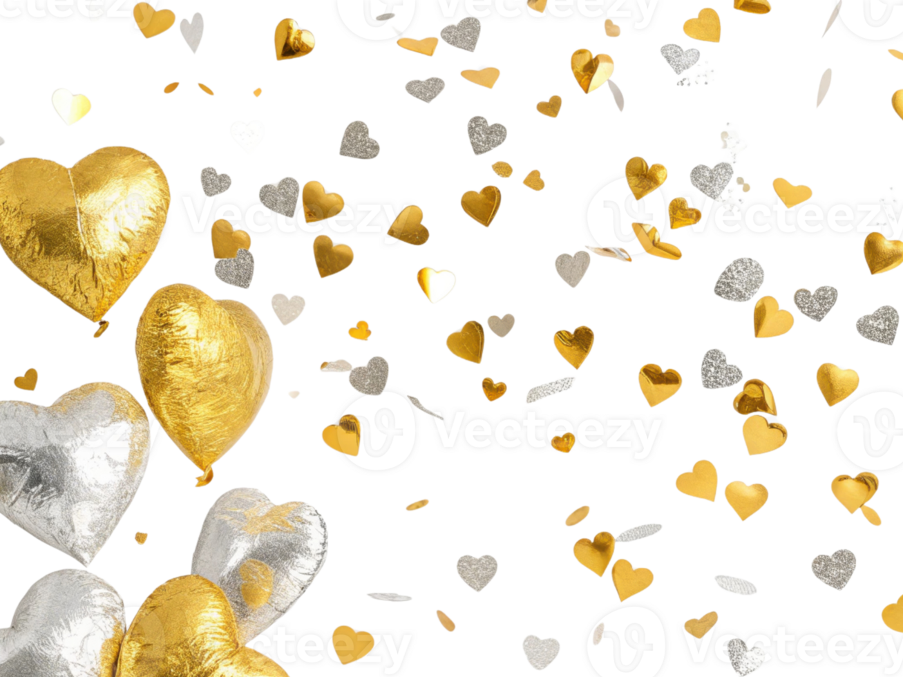 Celebrate with shimmering confetti and heart shaped balloons in gold and silver, creating joyful atmosphere for any occasion png