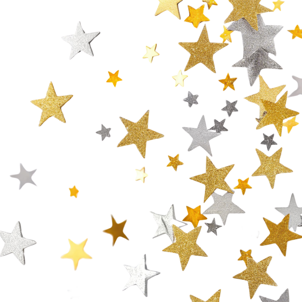 Celebrate with burst of confetti stars in gold silver and black creating joyful atmosphere perfect for any celebration png