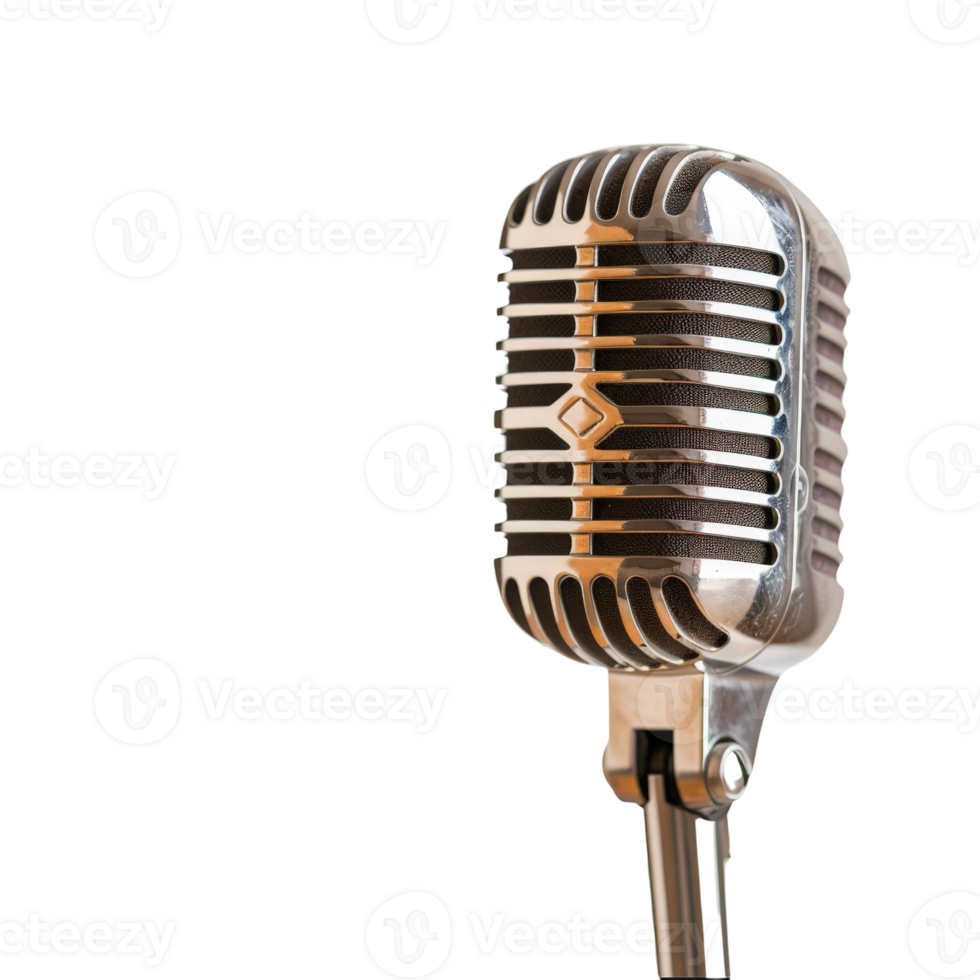 Vintage-style microphone with chrome finish, classic design, isolated on white background, music and performance concept png