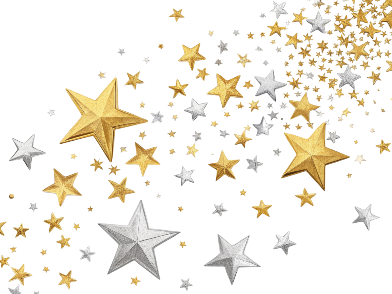 Shimmering stars in gold and silver create magical atmosphere perfect for celebration filled with joy and confetti png