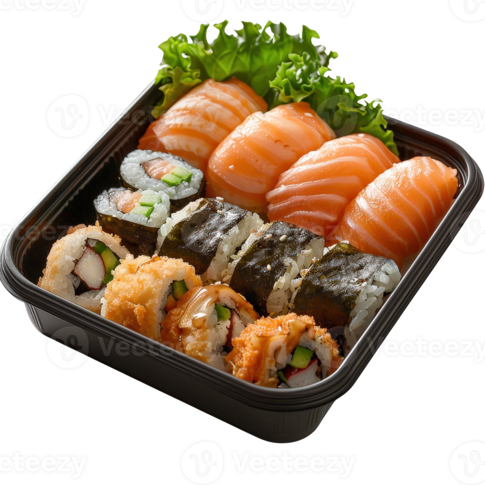 Delicious assortment of sushi with fresh salmon, crab and vegetables served in a black takeout container png