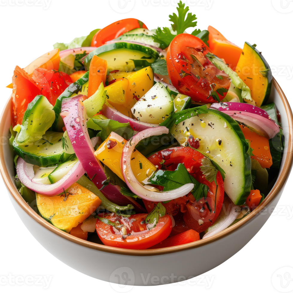 Fresh Vegetable Salad with Colorful Ingredients and Dressing in a White Bowl on a Bright Background png