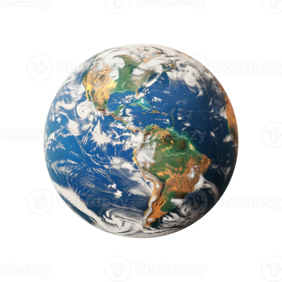 Digital Rendering of Planet Earth with Detailed Texture and Realistic Cloud Patterns on Blue Background png