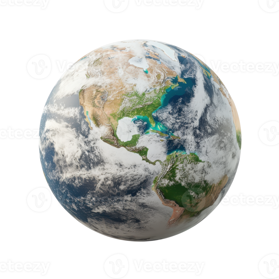 Realistic 3D Earth Globe Render with Detailed Landmasses, Oceans, and Clouds for Educational or Creative Use png
