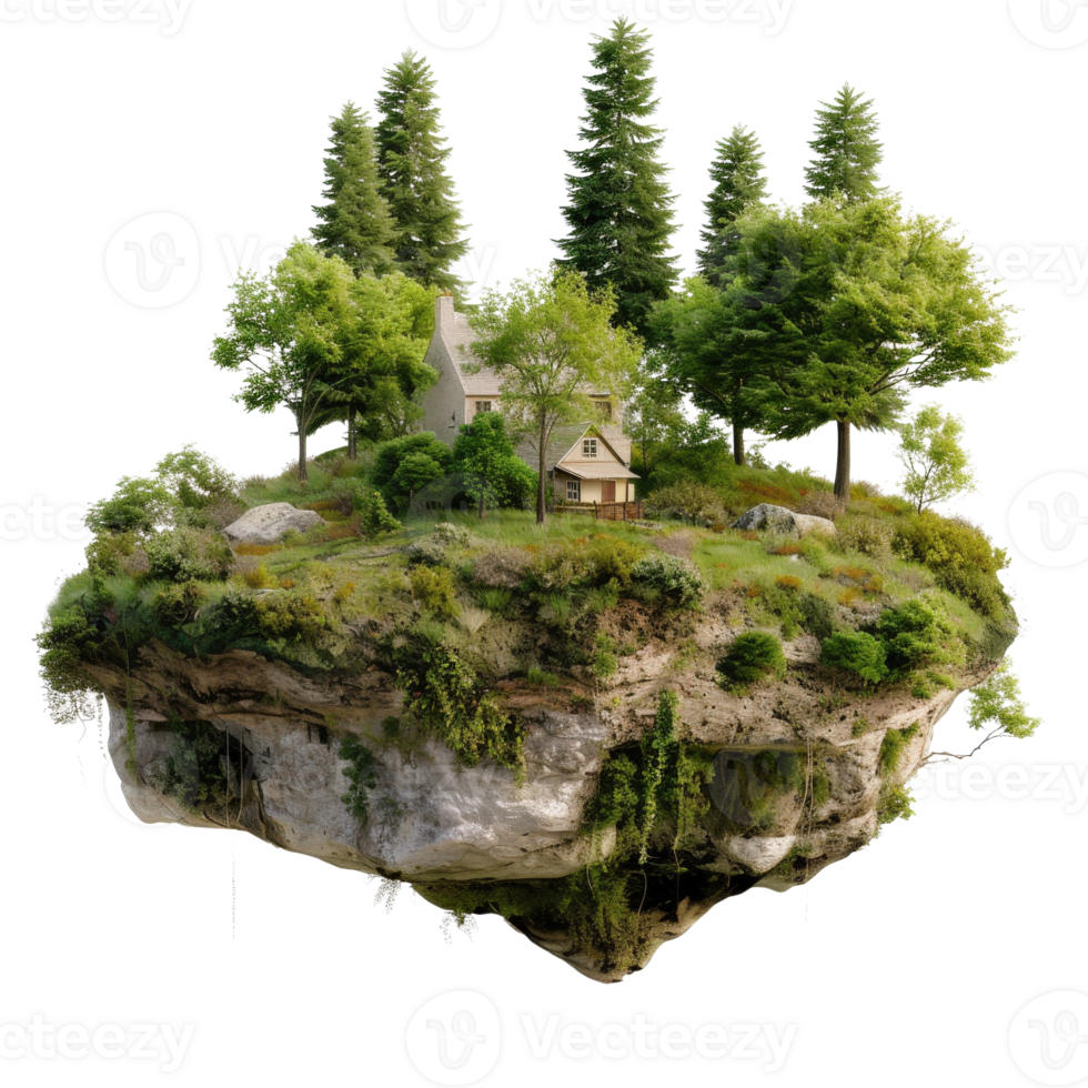 Enchanted floating island with a quaint cottage surrounded by lush trees and vibrant greenery under a bright sky png