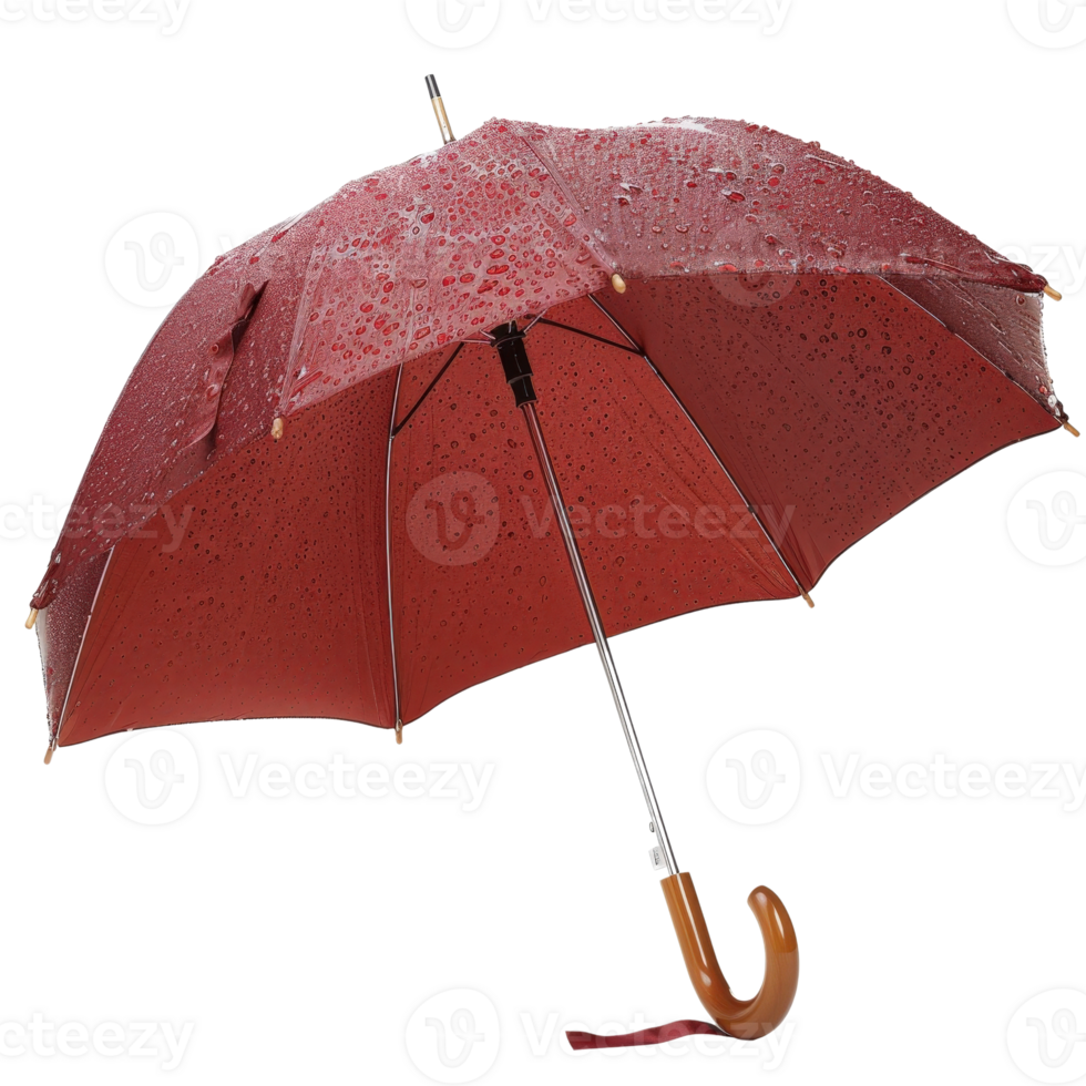 Close-Up of Red Umbrella with Water Droplets Reflecting Light on Rainy Day in Isolated Studio Setting png