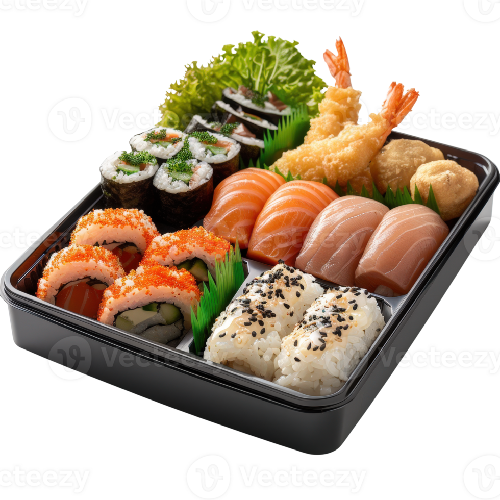 Delicious Japanese Cuisine Platter with Sushi, Tempura, and Fresh Fish Ready for Enjoyment and Sharing at a Table png