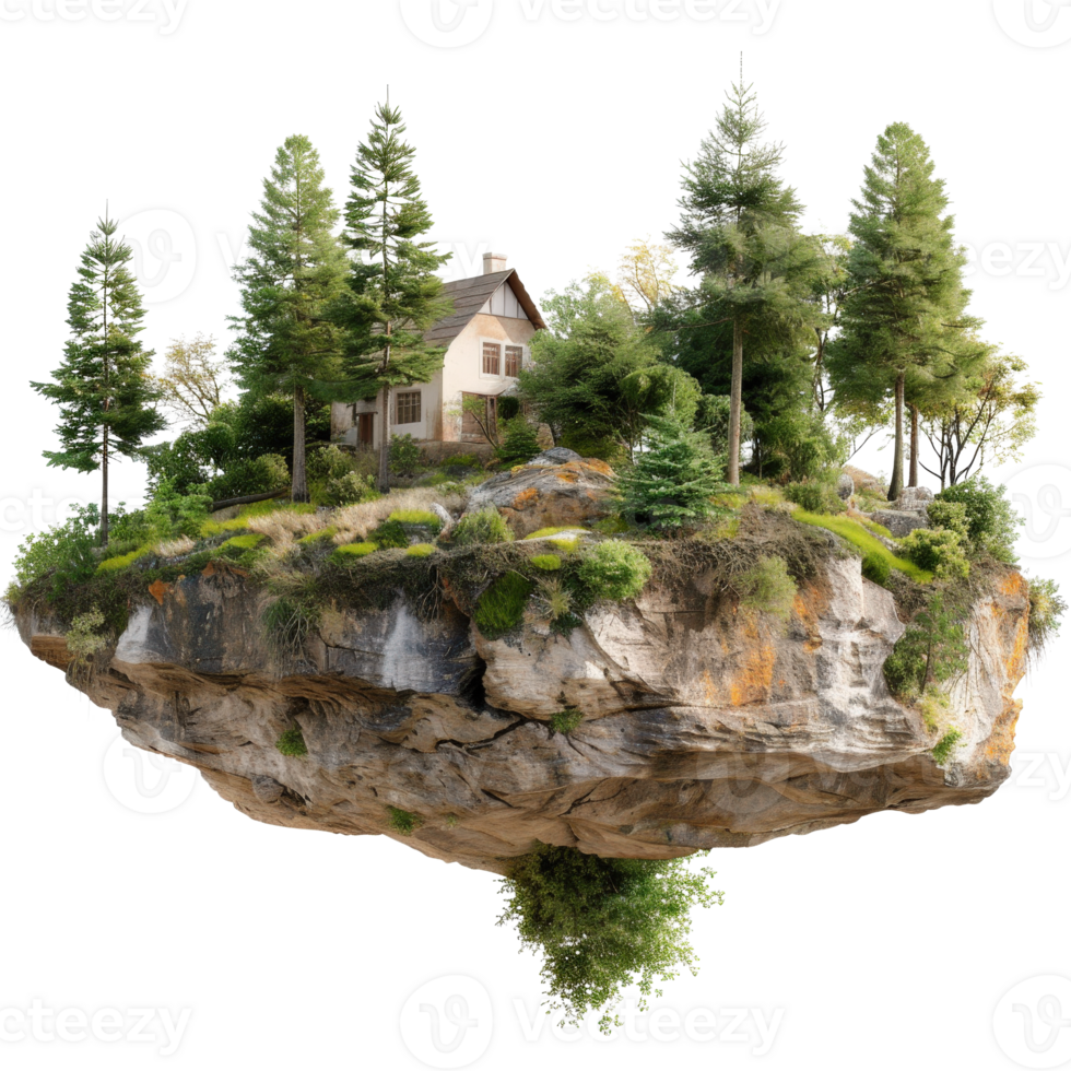 Enchanted floating island with a cozy house surrounded by lush greenery and tall trees under a bright blue sky png
