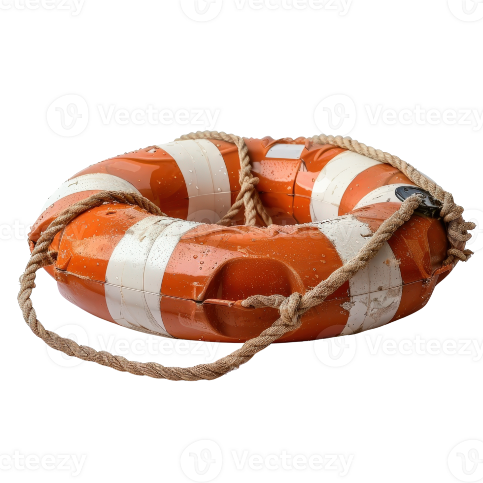 Bright Orange Lifebuoy with White Stripes and Rope for Safety in Water Rescue Situations and Maritime Applications png