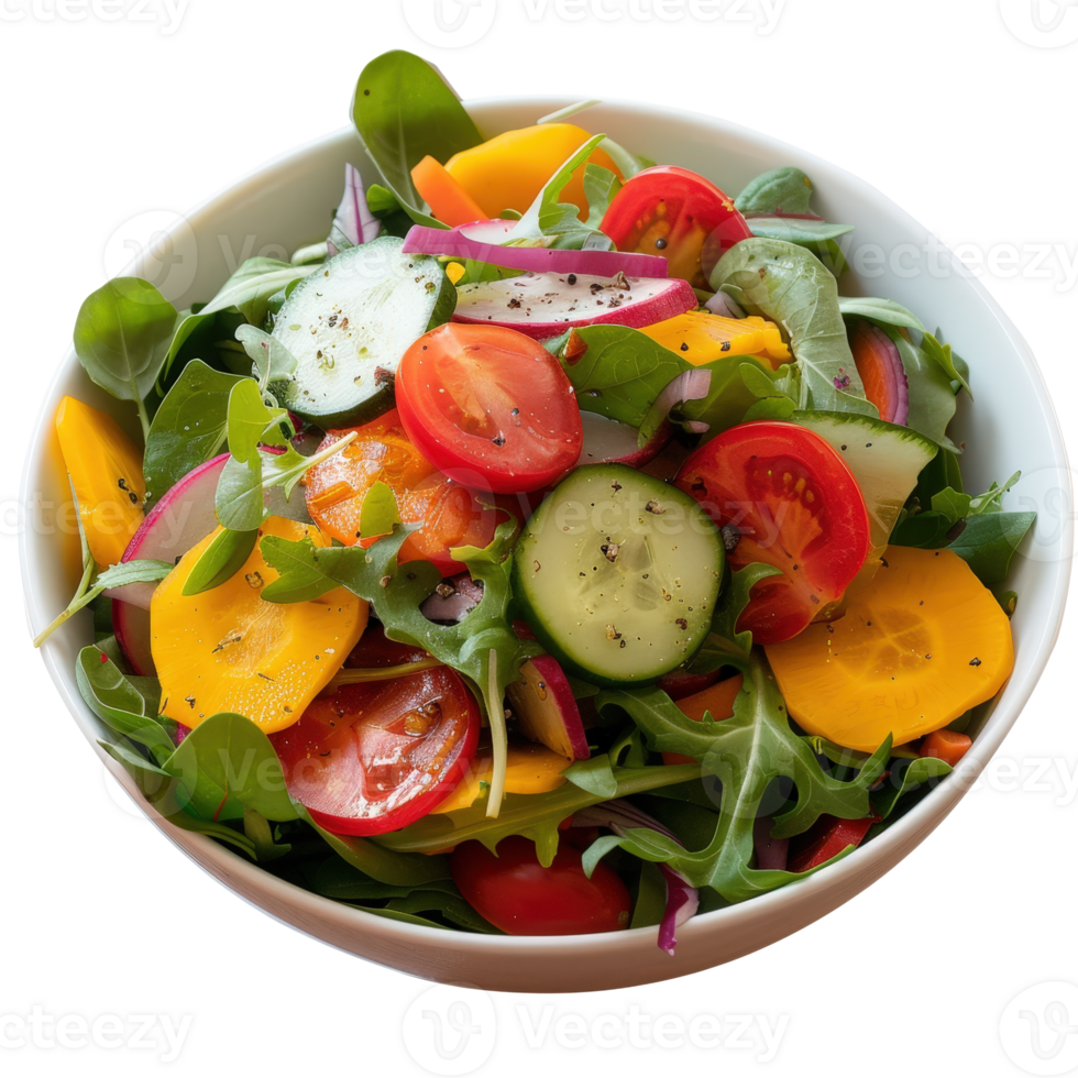 Fresh and Colorful Salad with Mixed Greens, Cherry Tomatoes, Cucumbers, and Bell Peppers in a White Bowl png