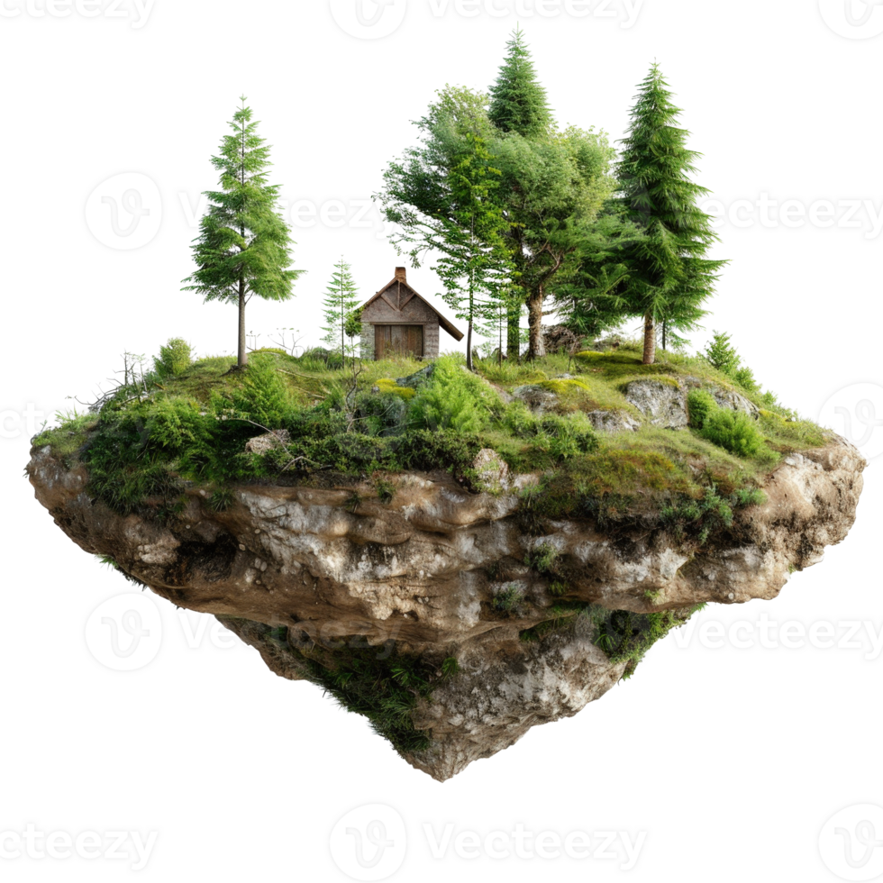 Enchanted Floating Island with Lush Green Trees and Cozy Wooden Cabin Under Bright Blue Sky png
