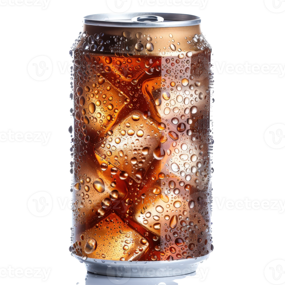 Refreshing fizzy beverage in an ice-filled can with droplets showcasing condensation and vibrant colors png