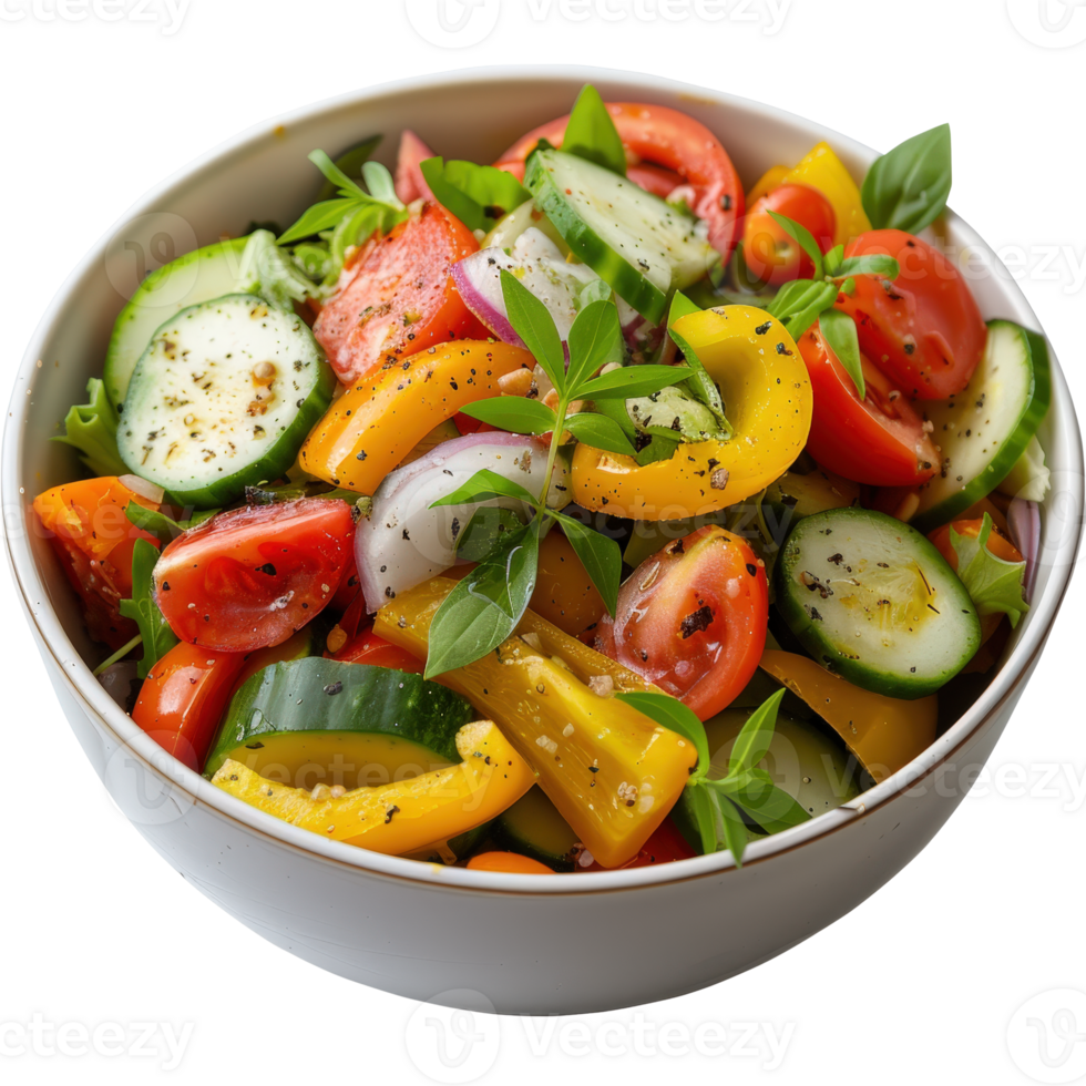 Freshly prepared vibrant salad with colorful vegetables including bell peppers, cucumbers, and cherry tomatoes in bowl png