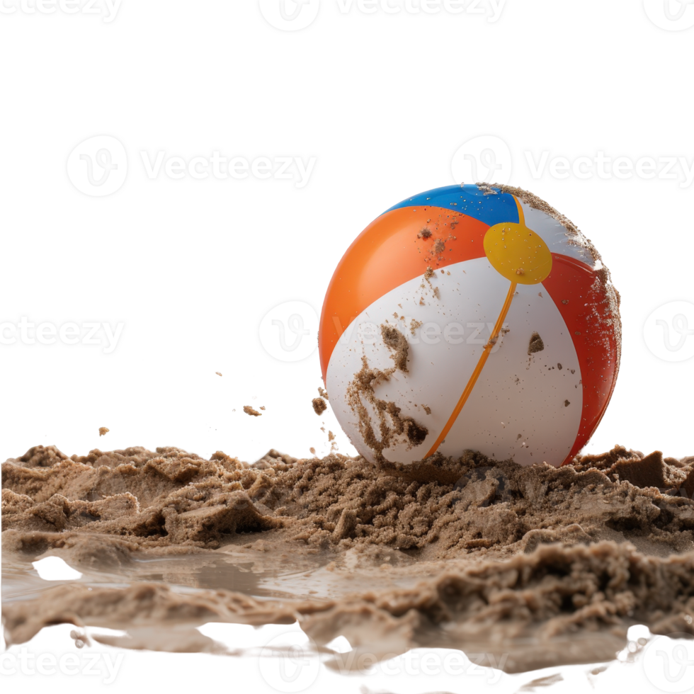 Colorful beach ball rolling through warm sand on a sunny day by the shoreline with gentle waves in the background png
