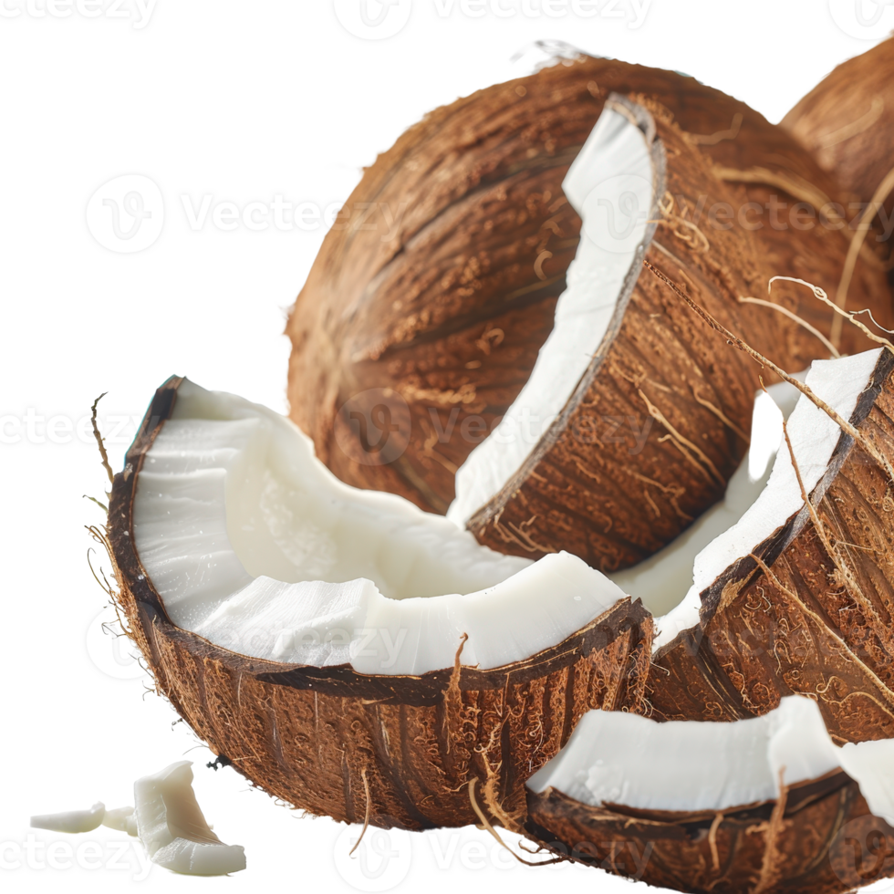 Freshly Cut Coconut Halves with White Pulp and Brown Shell on Rustic Background png