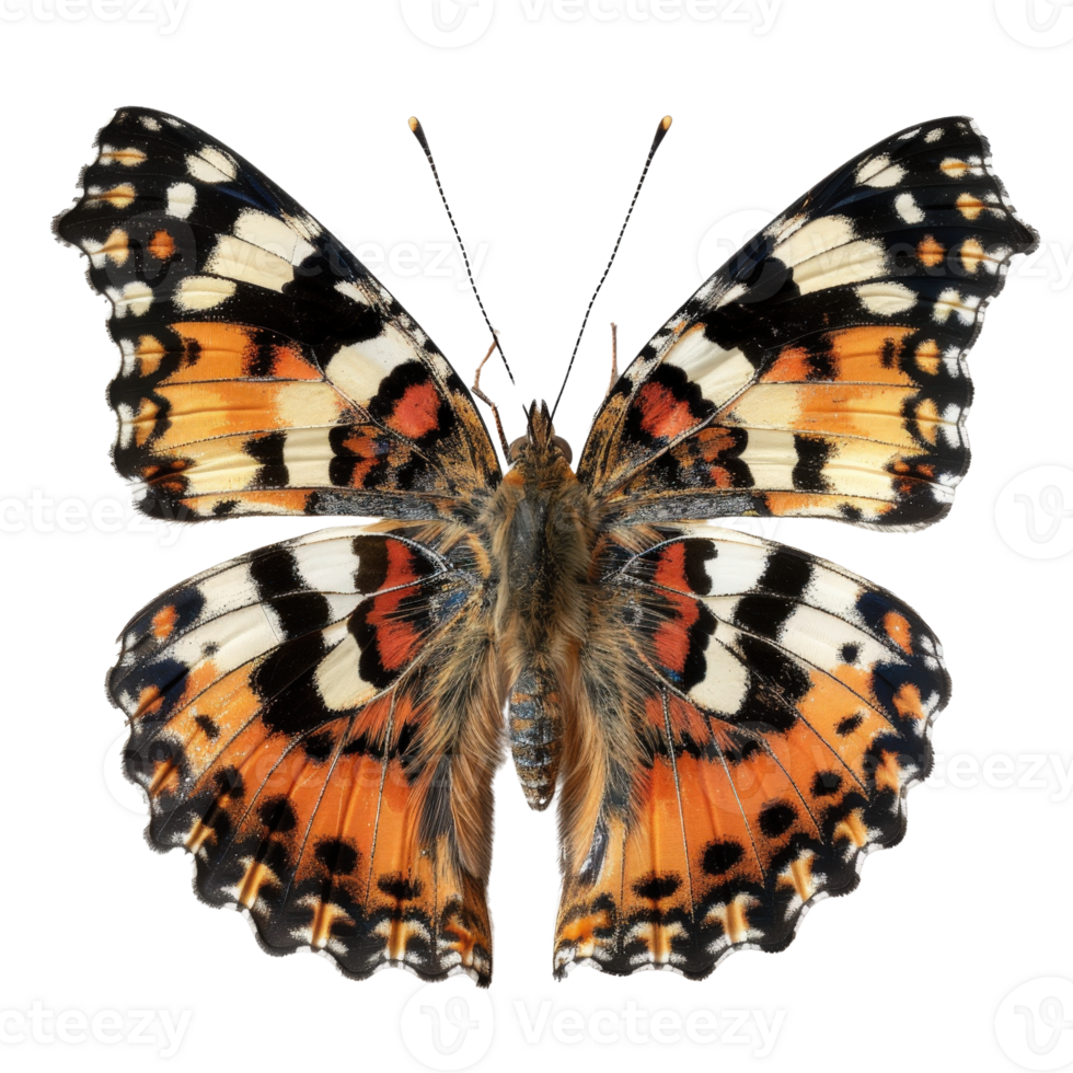 Detailed macro view of colorful butterfly with fully extended wings showcasing intricate patterns and vibrant colors png