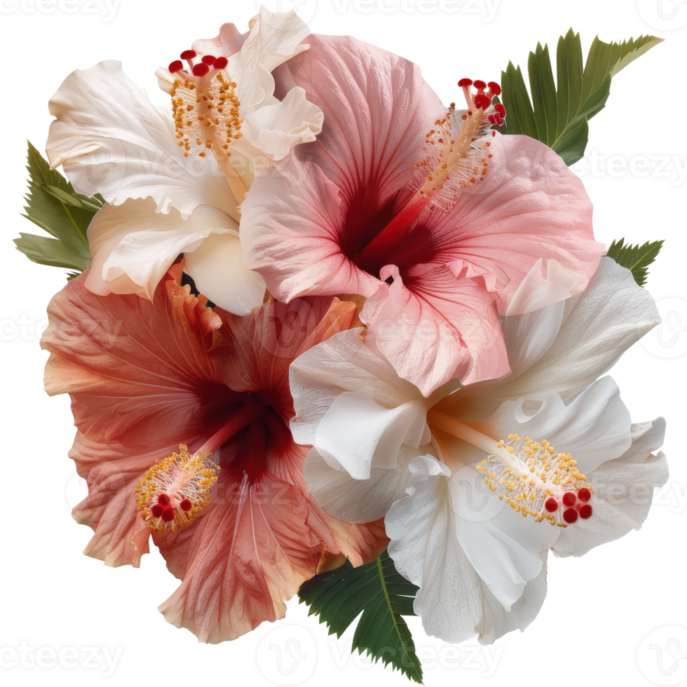 Vibrant and Colorful Hibiscus Flowers Arrangement with Red and White Petals Surrounded by Lush Green Leaves png