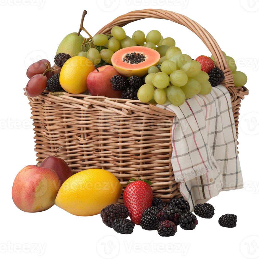Fresh and Colorful Assortment of Seasonal Fruits in a Basket with Checkered Cloth Decoration png