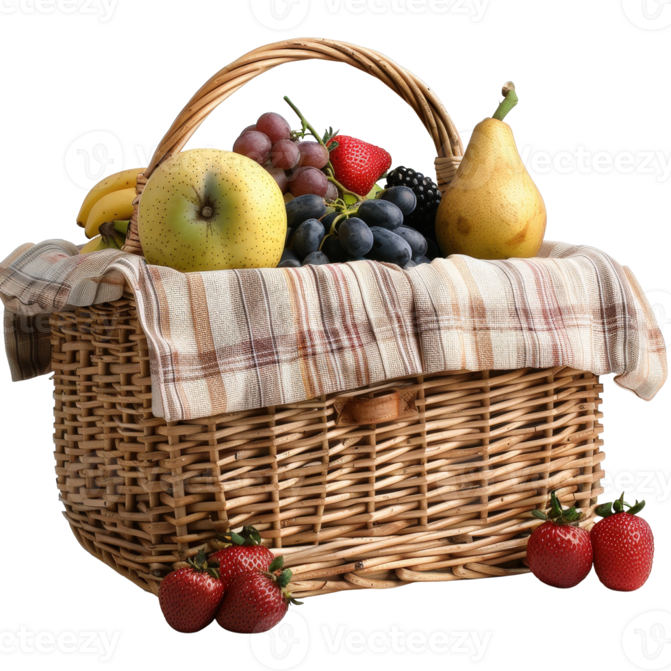 Fresh and Colorful Fruit Basket with Strawberries, Grapes, Apples, Pears, and a Checkered Cloth Displayed in Natural Light png