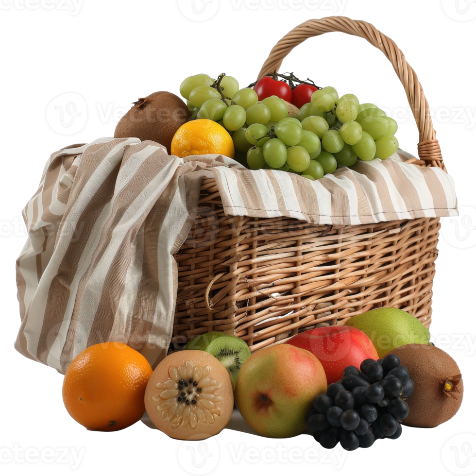 Fresh Assortment of Colorful Fruits in a Woven Basket with Striped Cloth Displaying Natural Produce png