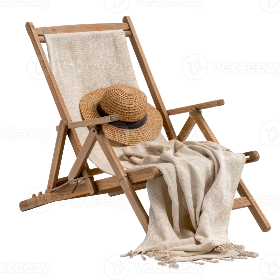Relaxing Beach Chair with Sun Hat and Cozy Throw Blanket for Perfect Summer Retreat and Vacations png