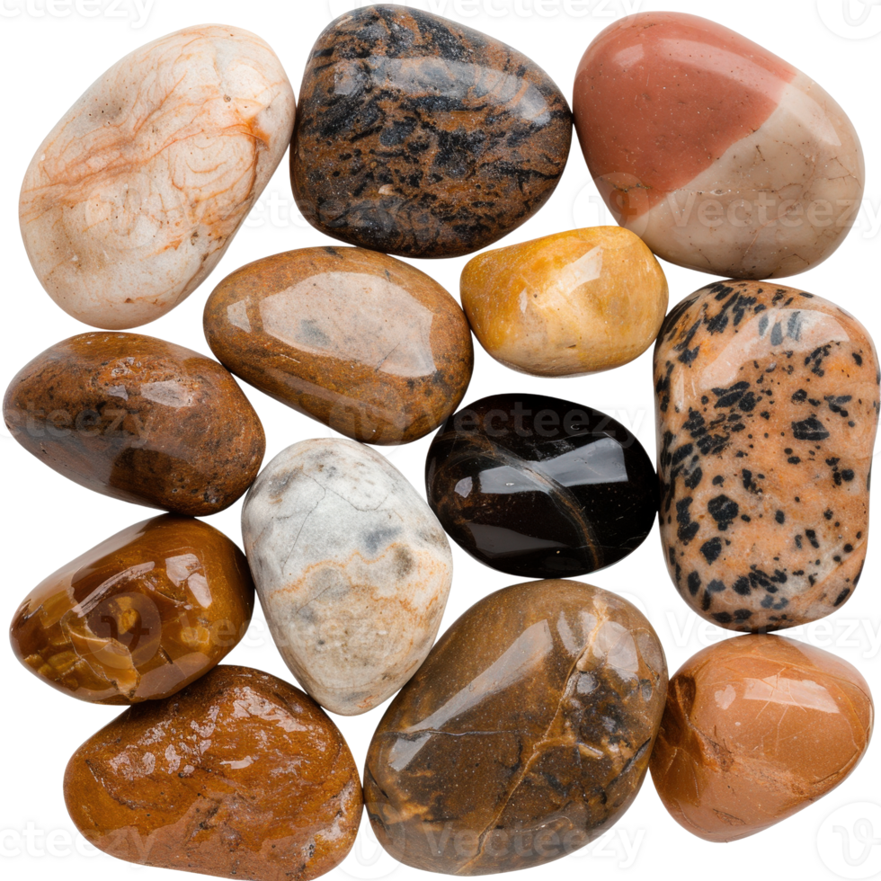 Various Colorful Polished Stones and Pebbles Arranged Artfully Over a White Background for Natural Aesthetic Appeal png