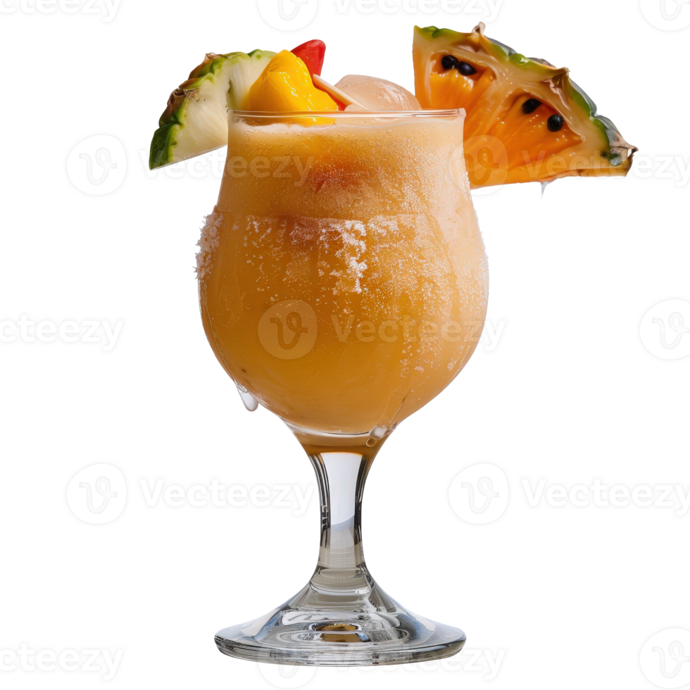 Refreshing Tropical Cocktail in Elegant Glass Garnished with Fresh Fruits and Ice Perfect for Summer Relaxation png