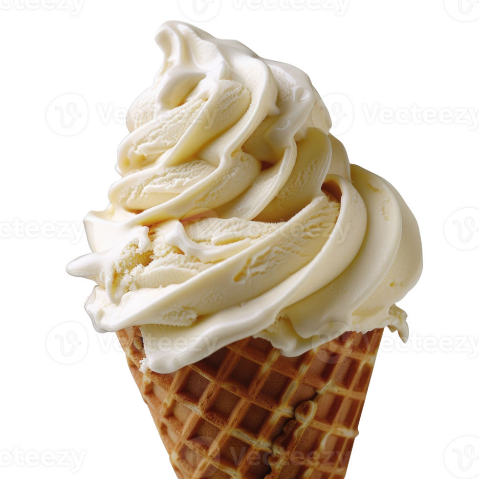 Creamy Vanilla Ice Cream Swirl in Waffle Cone with Textured Surface and Soft Serve Style png