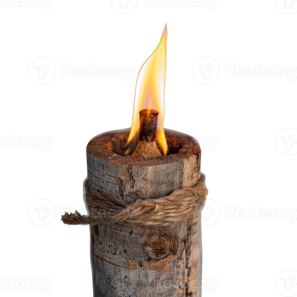 Wooden torch with vibrant flame, rustic natural design, glowing light on textured brown surface, outdoor ambient mood png